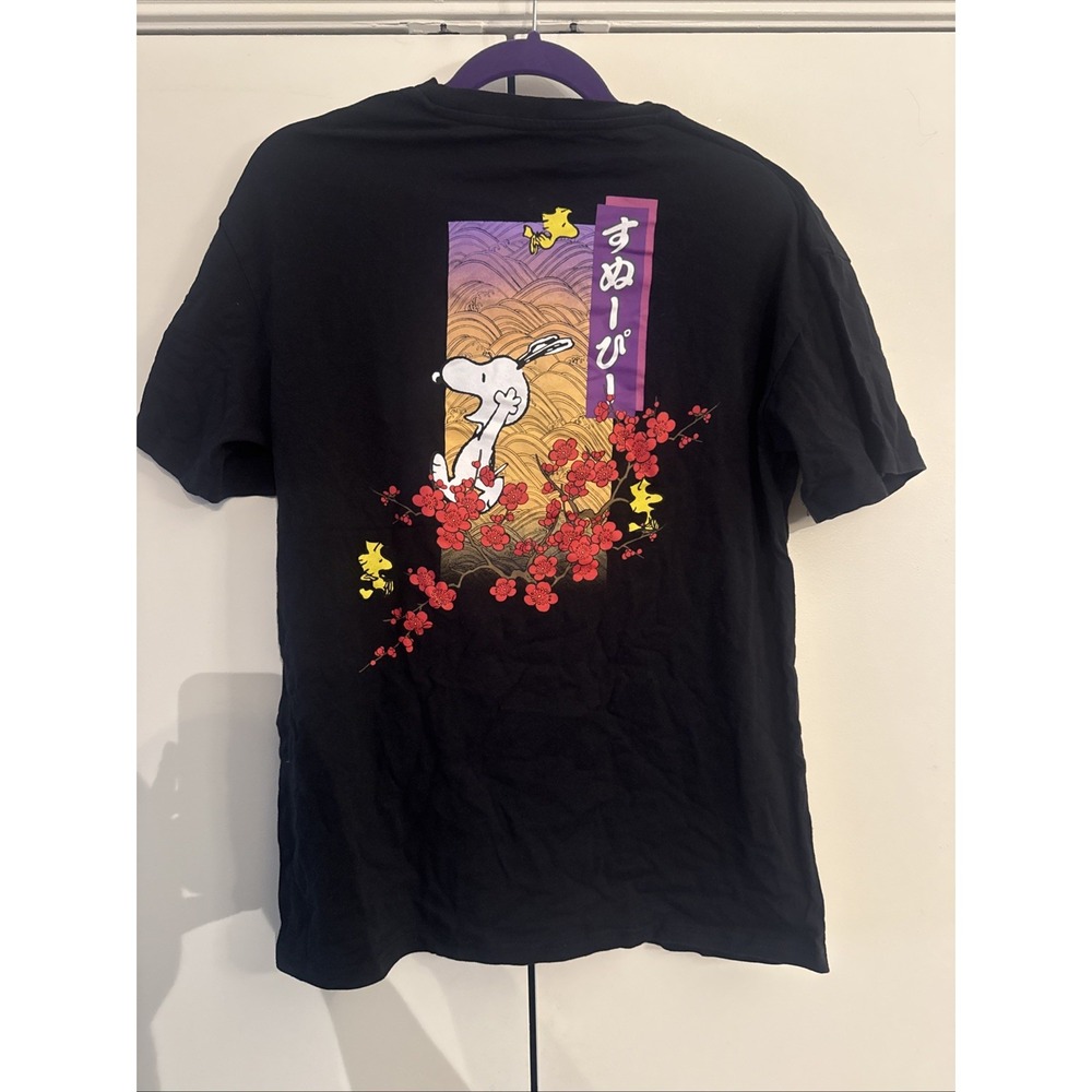 Peanuts Snoopy Woodstock Japanese Cherry Blossom Black T-Shirt Size Medium